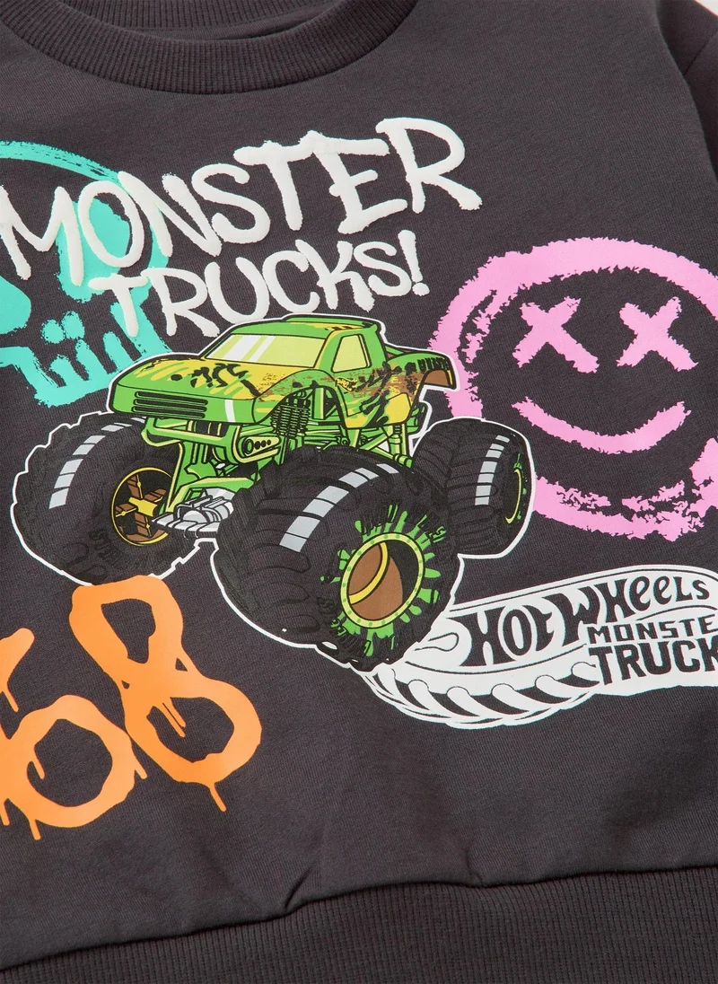 ماتلان Hot Wheels Boys Charcoal Monster Trucks Sweatshirt