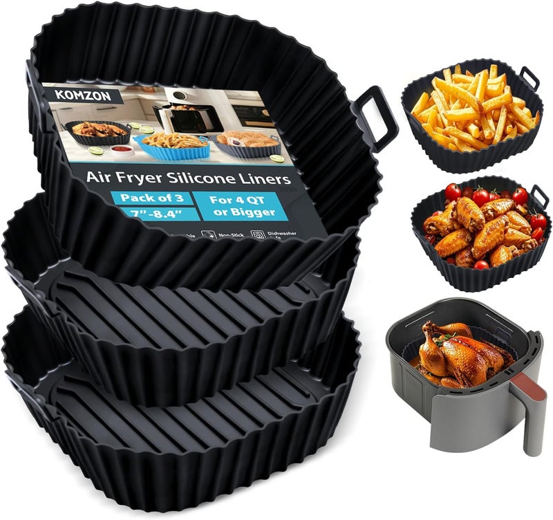 Komzon Air Fryer Silicone Liners 3 PCS, Airfryer Liners Reusable, Silicone Air Fryer Basket Liners 9Inch, Food Grade Air Fryer Accessories Replacement of Flammable Disposable Parchment Paper for oven - Image 1