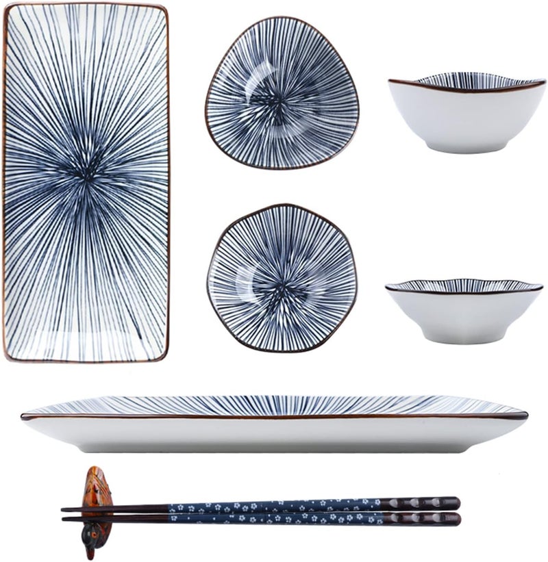Artcome 10 Pcs Japanese Style Ceramic Sushi Plate Dinnerware Set for Wedding Housewarming  2 Sushi Plates 2 Sauce Dishes 2 Snack Bowl 2 Pairs of Chopsticks 2 Chopsticks Holders Blue - Image 5