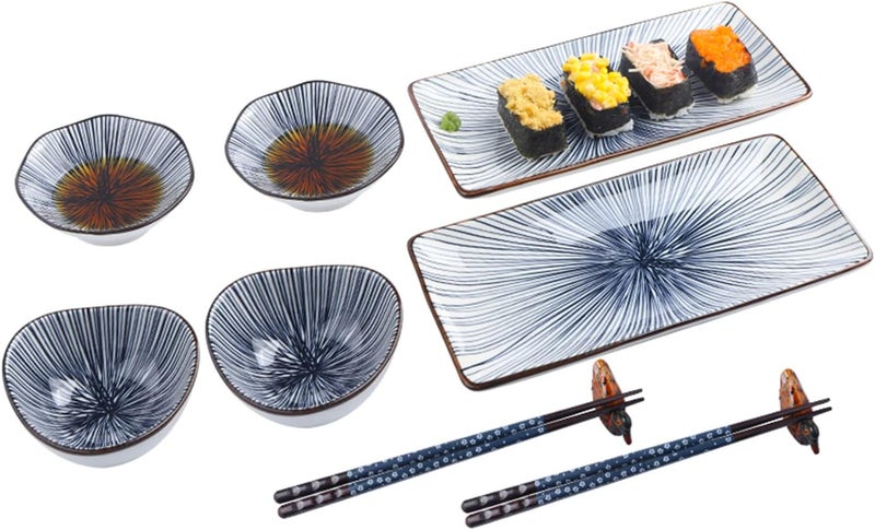 Artcome 10 Pcs Japanese Style Ceramic Sushi Plate Dinnerware Set for Wedding Housewarming  2 Sushi Plates 2 Sauce Dishes 2 Snack Bowl 2 Pairs of Chopsticks 2 Chopsticks Holders Blue - Image 1