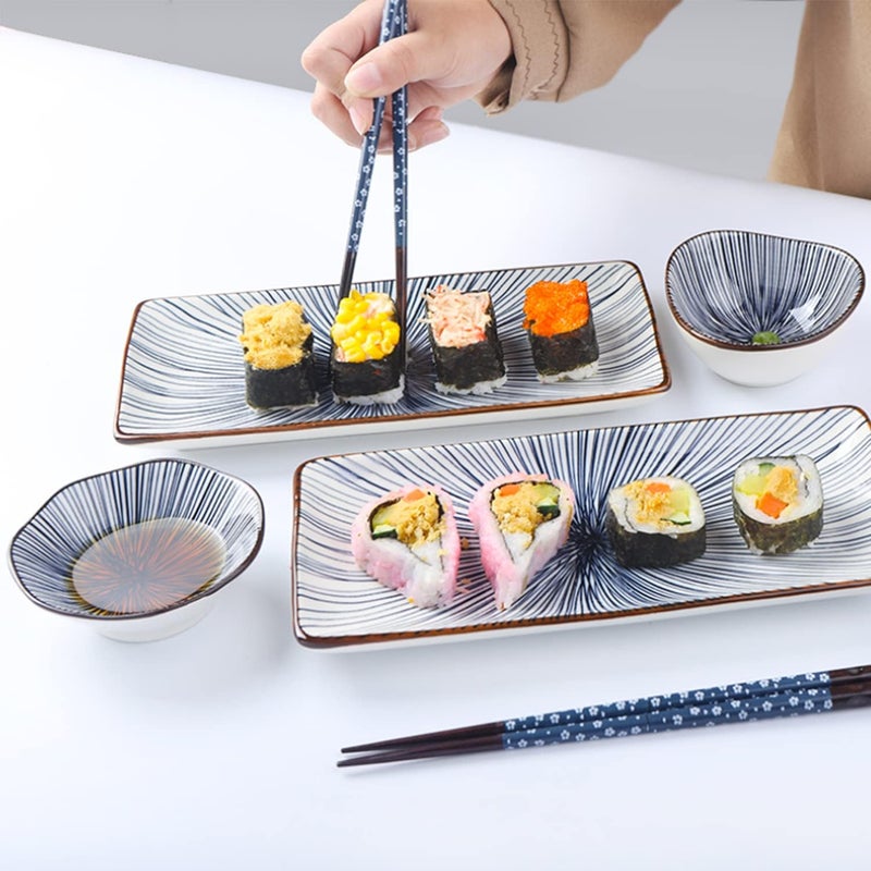 Artcome 10 Pcs Japanese Style Ceramic Sushi Plate Dinnerware Set for Wedding Housewarming  2 Sushi Plates 2 Sauce Dishes 2 Snack Bowl 2 Pairs of Chopsticks 2 Chopsticks Holders Blue - Image 4