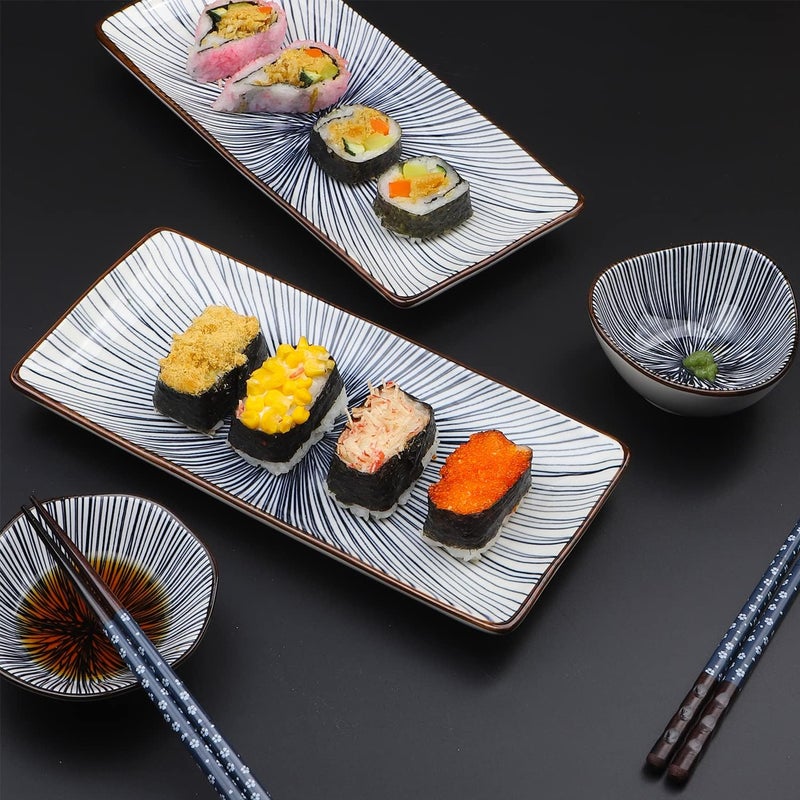 Artcome 10 Pcs Japanese Style Ceramic Sushi Plate Dinnerware Set for Wedding Housewarming  2 Sushi Plates 2 Sauce Dishes 2 Snack Bowl 2 Pairs of Chopsticks 2 Chopsticks Holders Blue - Image 2