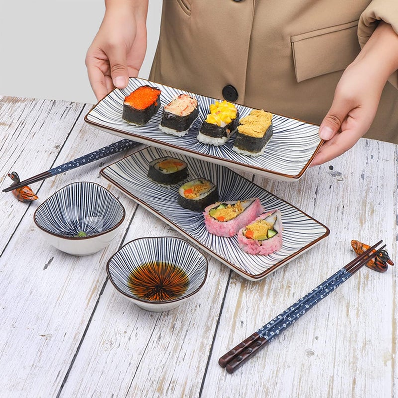 Artcome 10 Pcs Japanese Style Ceramic Sushi Plate Dinnerware Set for Wedding Housewarming  2 Sushi Plates 2 Sauce Dishes 2 Snack Bowl 2 Pairs of Chopsticks 2 Chopsticks Holders Blue - Image 3