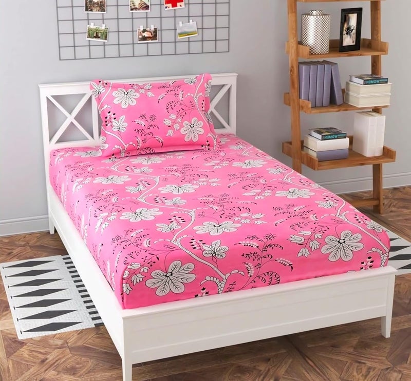 Shverira Style Floral Print Single Bedsheet with Pillow Cover Pink and White Cotton  - Image 1