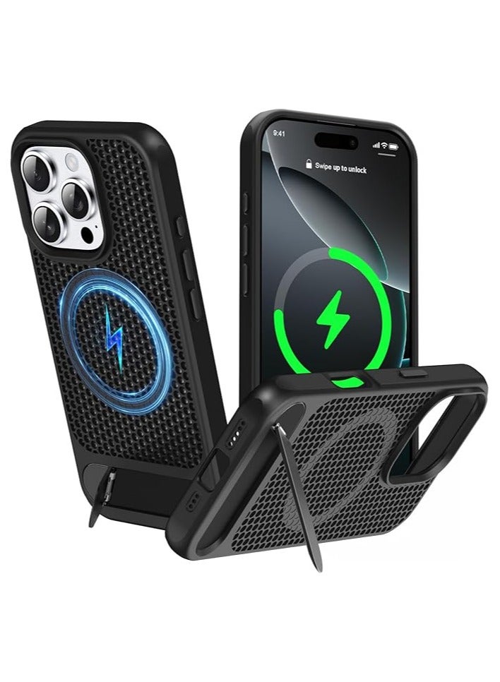 Compatible with Magnetic Heat Dissipatio case for iPhone 16 Pro Max, Coolingf Drop Protection, Adjustable Kickstand case, Ice Armour Cool Matte Material (Black)  - Image 1