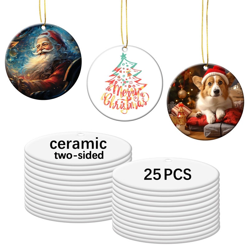 25 PCS Sublimation Ceramic Ornament Blank 3 inch Round TwoSided Printed White Ceramic Decoration Handmade DIY Personalized Christmas Home Decoration Bulk