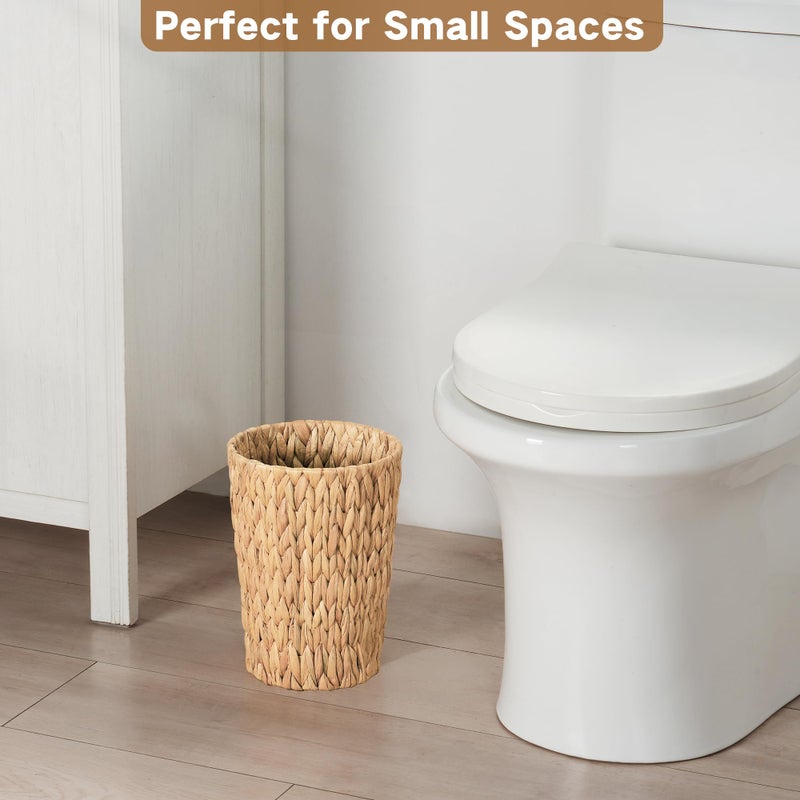 iEGrow 2 Pack Wicker Trash Can, Small Bathroom Trash Can, 2 Gallon Woven Natural Water Hyacinth Waste Basket for Bedroom, Boho Garbage Can for Decor Home Kitchen Living Room Office (Round) - Image 2