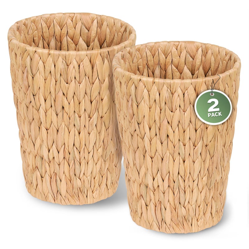 iEGrow 2 Pack Wicker Trash Can, Small Bathroom Trash Can, 2 Gallon Woven Natural Water Hyacinth Waste Basket for Bedroom, Boho Garbage Can for Decor Home Kitchen Living Room Office (Round) - Image 1