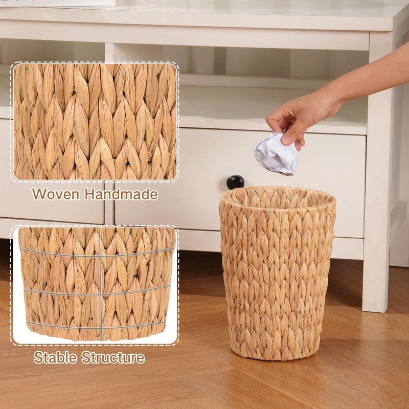 iEGrow 2 Pack Wicker Trash Can, Small Bathroom Trash Can, 2 Gallon Woven Natural Water Hyacinth Waste Basket for Bedroom, Boho Garbage Can for Decor Home Kitchen Living Room Office (Round) - Image 3