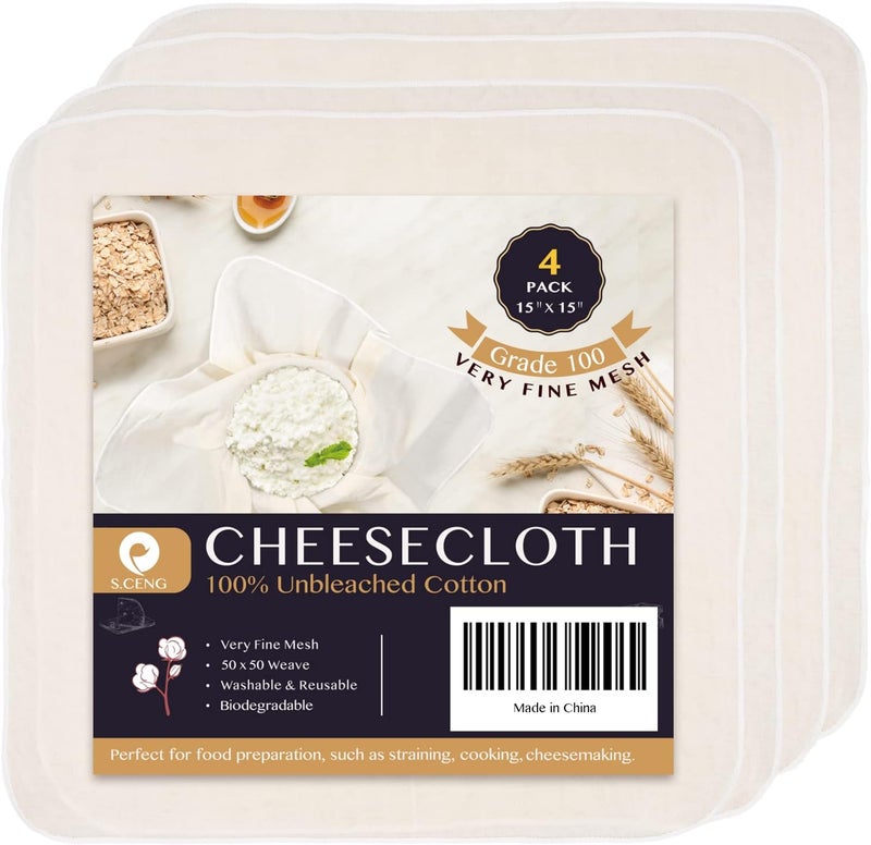 S.CENG Precut Cheesecloth, 15 x 15'' 4 Pack, Grade 100, Ultra Fine Cheese Cloth for Straining & Cooking, 100% Unbleached Cotton Muslin Cloth for Making Cheese - Image 1
