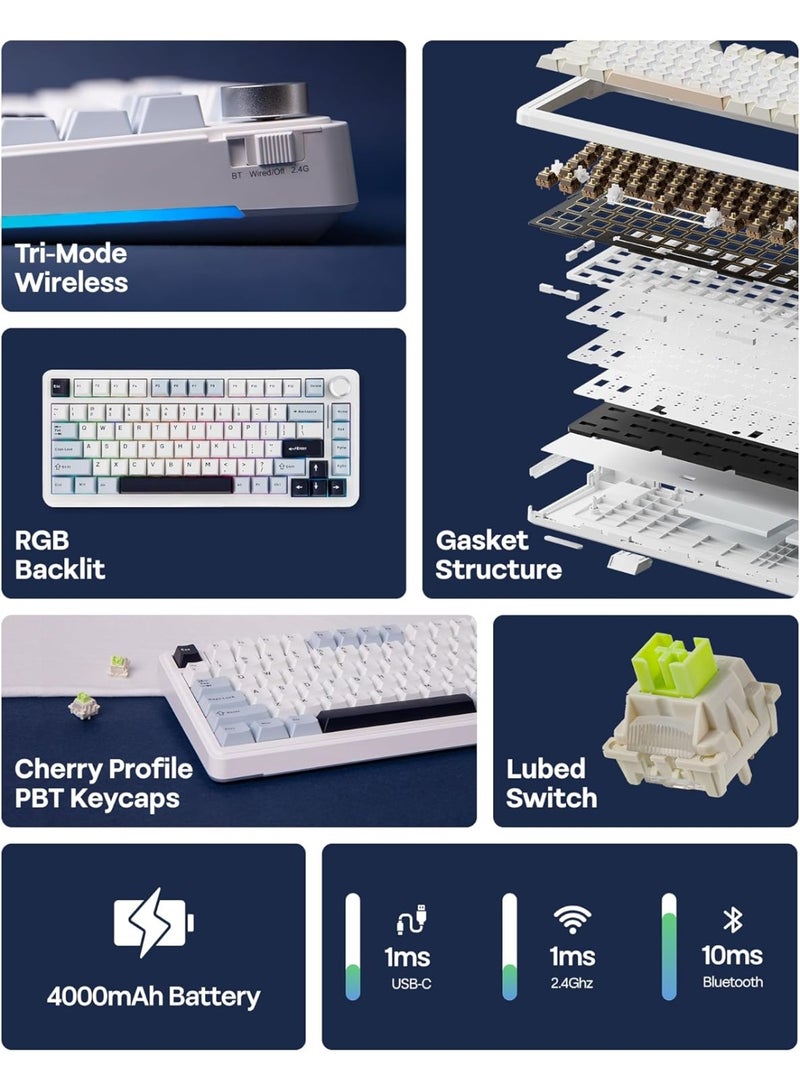 EPOMAKER EA75 75% RGB Gaming Mechanical Keyboard, 2.4GHz/Type-C/BT Creamy Wireless Keyboard with Knob, Shine Through PBT Keycaps, Hot Swappable for Gamers(Light Blue, Reaper Switch) - Image 2