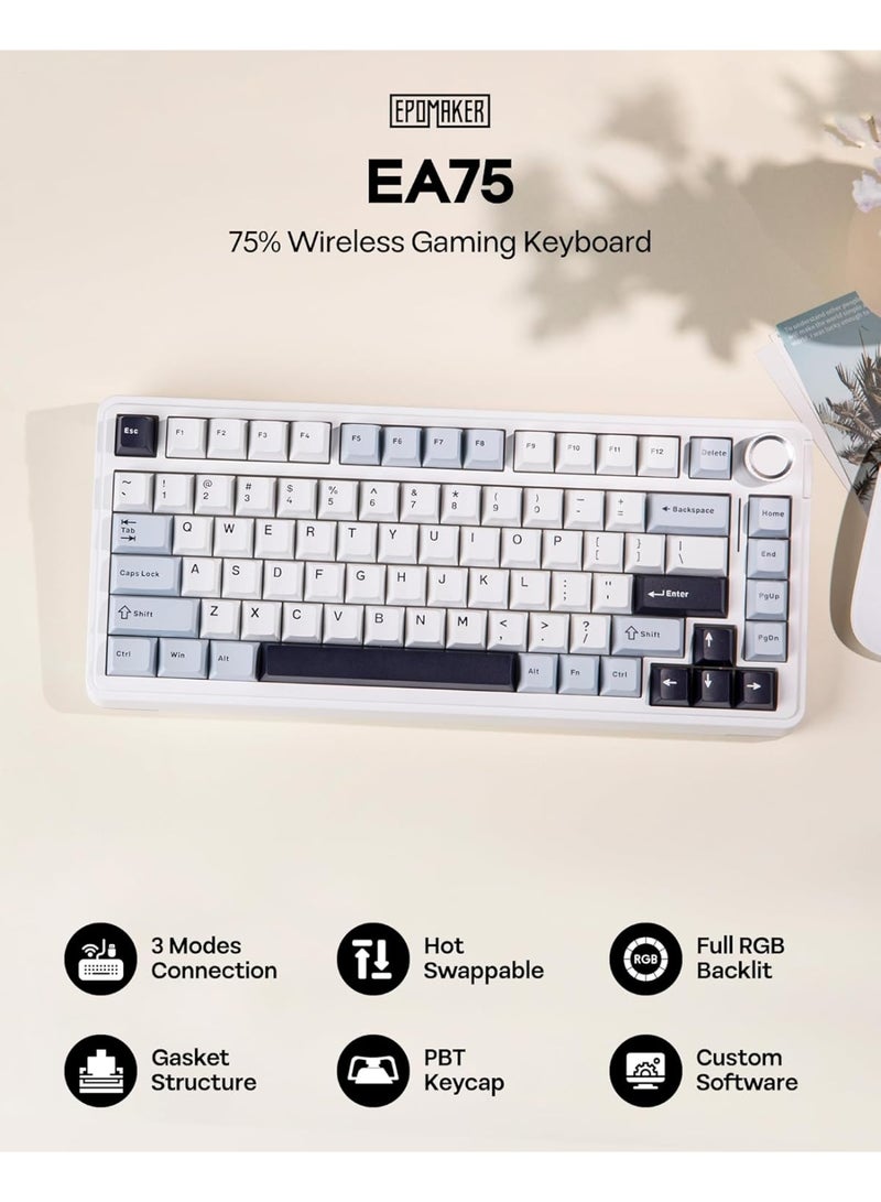 EPOMAKER EA75 75% RGB Gaming Mechanical Keyboard, 2.4GHz/Type-C/BT Creamy Wireless Keyboard with Knob, Shine Through PBT Keycaps, Hot Swappable for Gamers(Light Blue, Reaper Switch) - Image 3