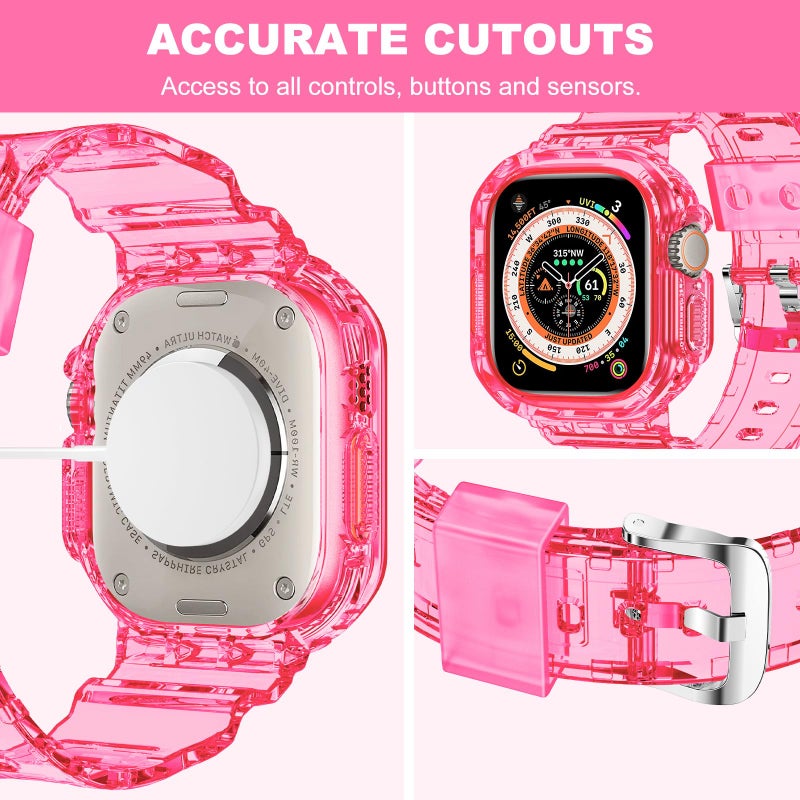 XYF Compatible for Crystal Clear Apple Watch Ultra 3 2 Bands 49mm, Bumper Case for Men Women Jelly Sport Cover Strap for iWatch Ultra 3 2 Series 11 10 9 8 7 SE 6 5 4 3 (Neon Clear HotPink, 49) - Image 4