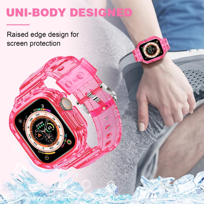 XYF Compatible for Crystal Clear Apple Watch Ultra 3 2 Bands 49mm, Bumper Case for Men Women Jelly Sport Cover Strap for iWatch Ultra 3 2 Series 11 10 9 8 7 SE 6 5 4 3 (Neon Clear HotPink, 49) - Image 5