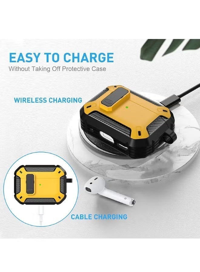 Rugged AirPods Pro 2 Case – Shockproof, Secure Lock, Kickstand & Keychain Ring (Black & Yellow) - Image 5