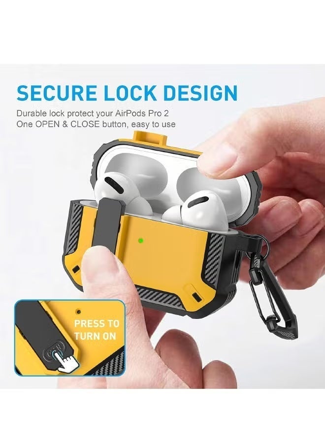 Rugged AirPods Pro 2 Case – Shockproof, Secure Lock, Kickstand & Keychain Ring (Black & Yellow) - Image 3