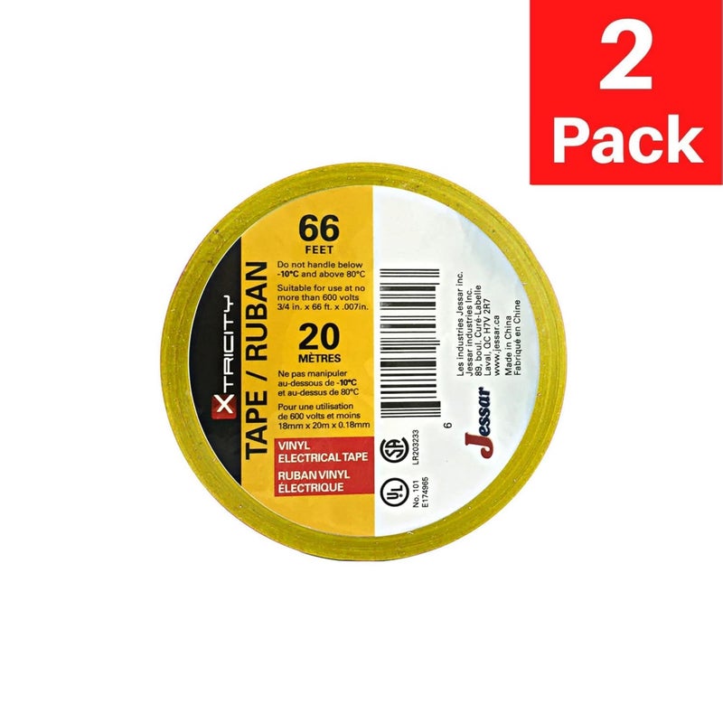 Xtricity Vinyl Yellow Electrical Tape 3/4 inch x 66 Ft for Electrical Insulation, Wire Bundling and DIY Repairs – Durable, Stretchy, General Purpose – Up to 600V (2 Pack) - Image 2