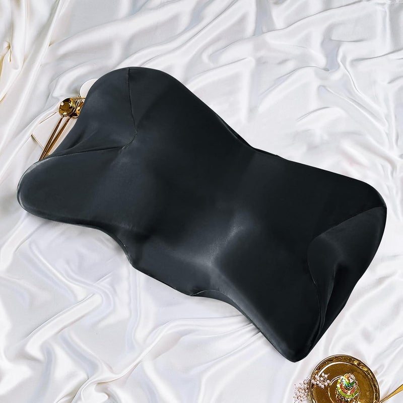 Eychei غطاء وسادة من الساتان لوسادة الرقبة، أسود، غطاء وسادة رقبة حريري، غطاء وسادة محيطي بسحاب، غطاء وسادة مريح للرقبة - Image 1