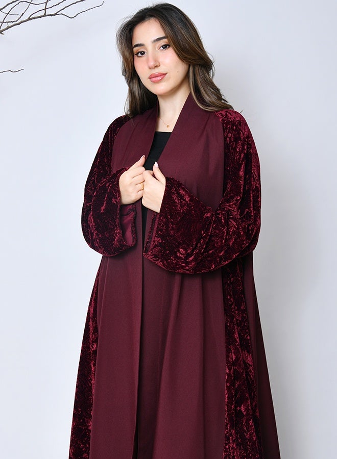 عبايات حوراء عباية شتوية خمرية مخملية فاخرة – تصميم راقٍ من عبايات حوراء - Image 1