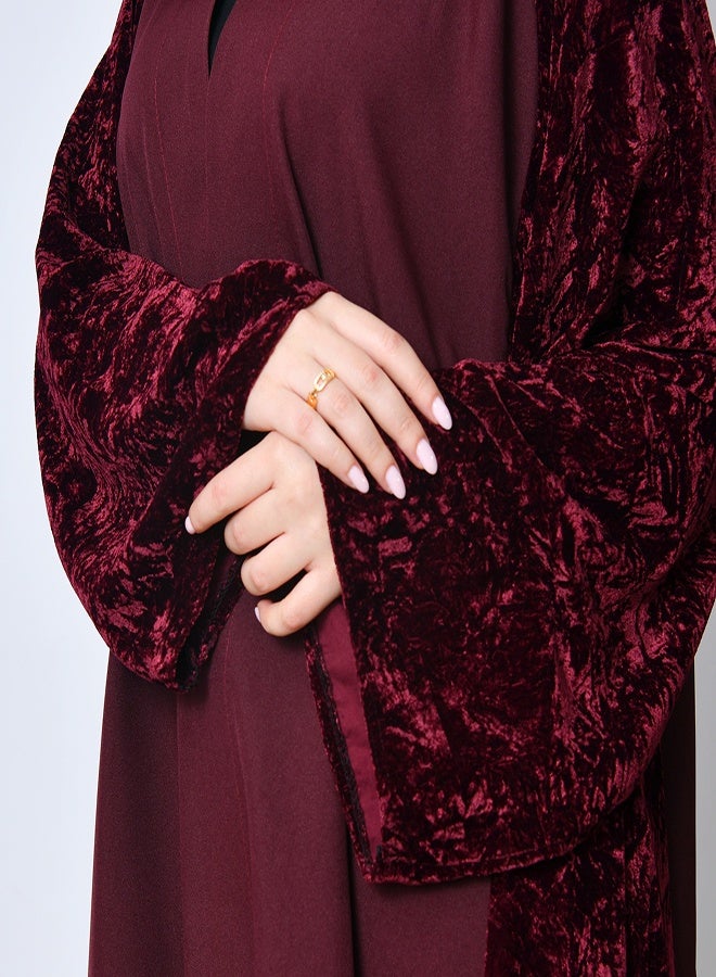 عبايات حوراء عباية شتوية خمرية مخملية فاخرة – تصميم راقٍ من عبايات حوراء - Image 3