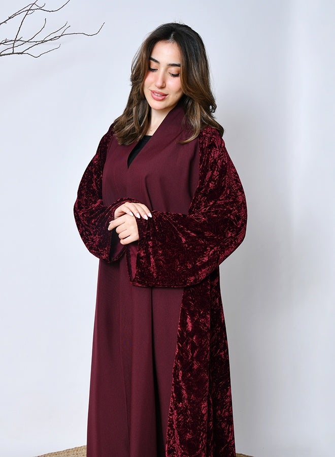 عبايات حوراء عباية شتوية خمرية مخملية فاخرة – تصميم راقٍ من عبايات حوراء - Image 4