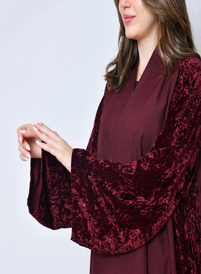 عبايات حوراء عباية شتوية خمرية مخملية فاخرة – تصميم راقٍ من عبايات حوراء - Image 5