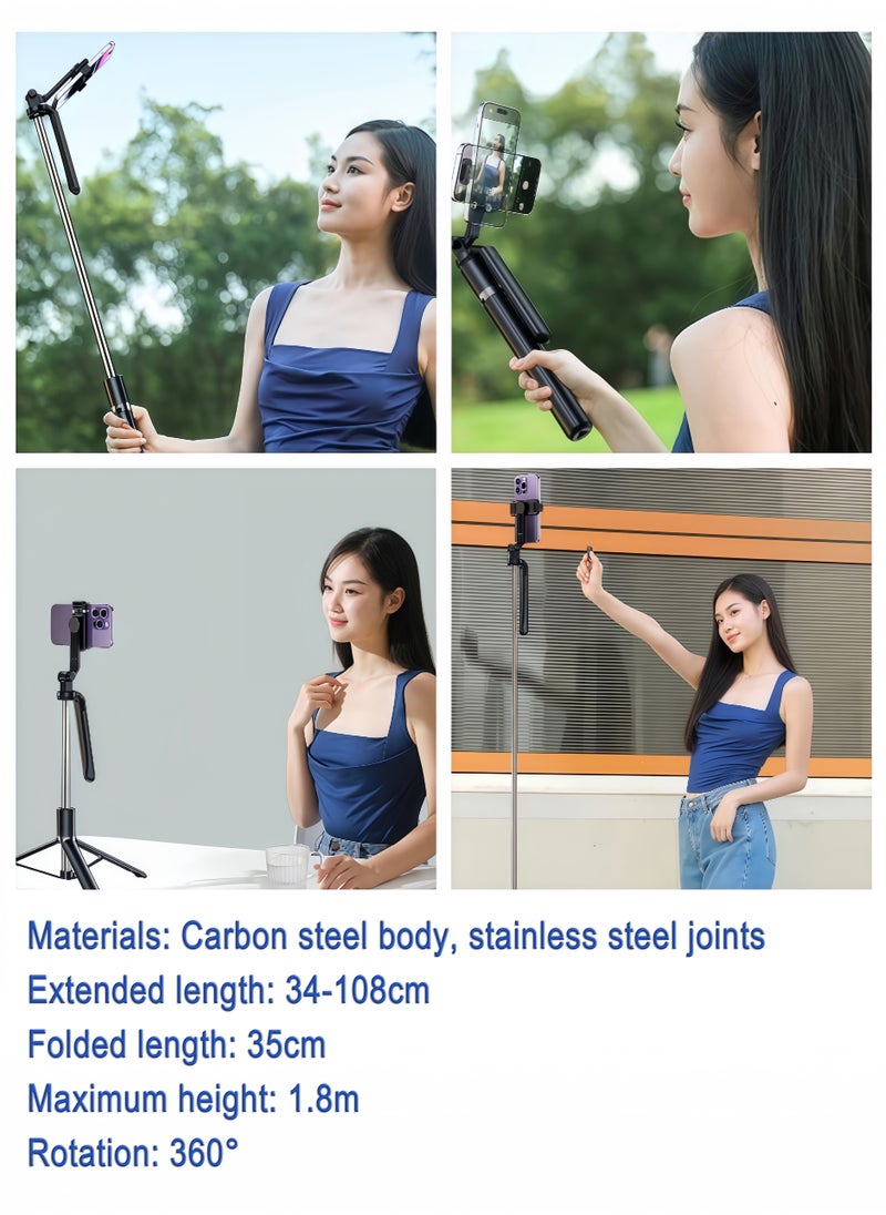 Generic - 180cm Extendable Selfie Stick Tripod with Bluetooth Remote – 360° Rotatable Phone Stand for iPhone/Android, Portable Travel Tripod for Video Recording, Live Stream & Vlog (Black) - Image 1