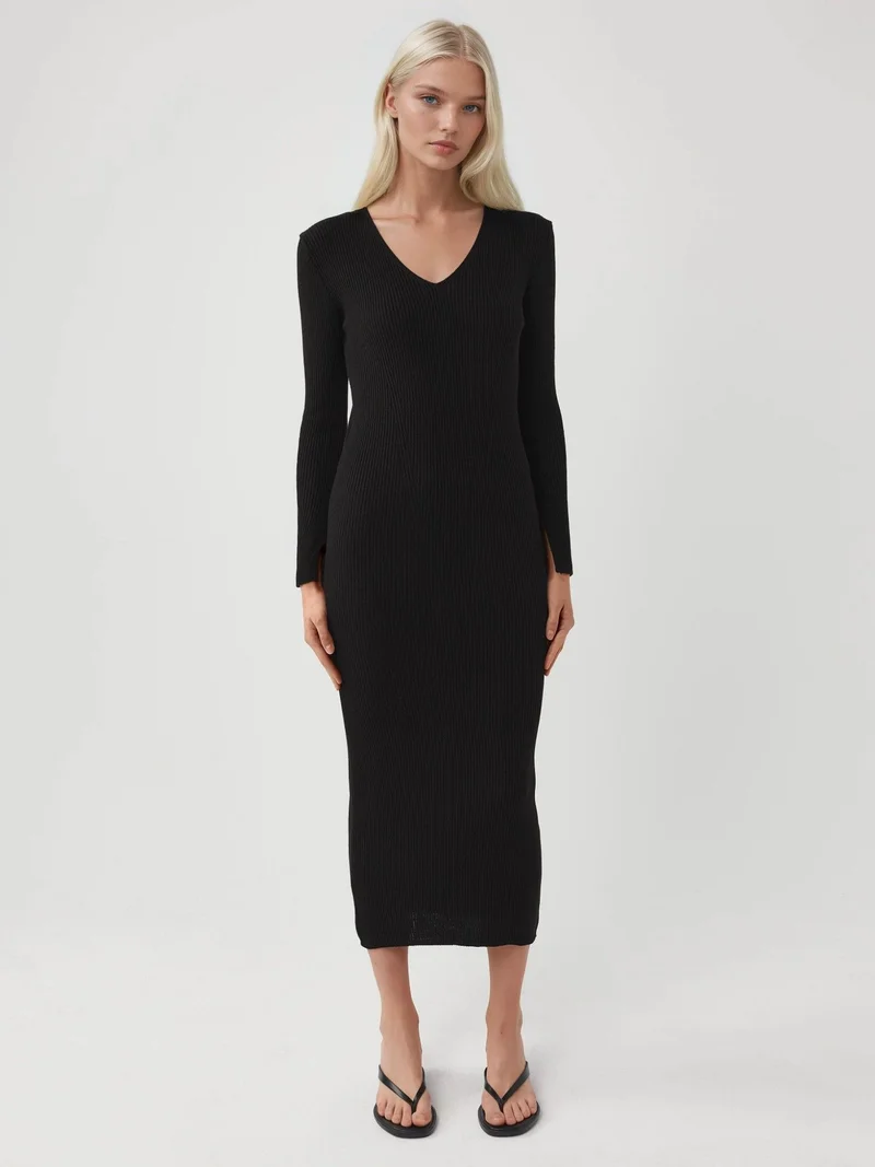 MY FASHION Black MY FASHION V-Neck Textured Maxi Knit Dress with Slit for Women | Best Price UAE