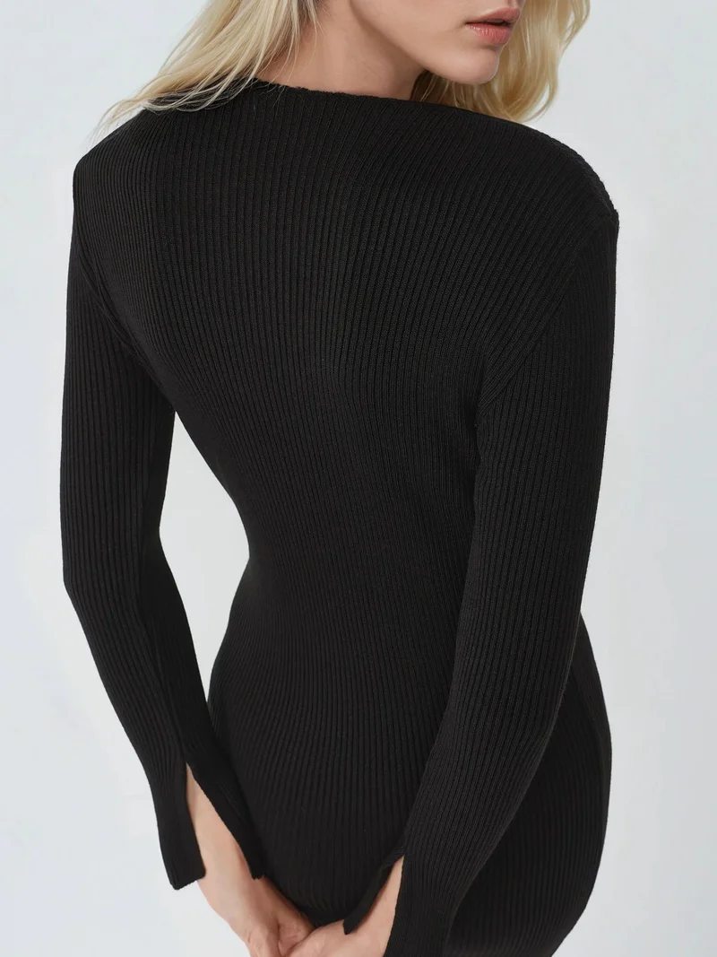 MY FASHION Black MY FASHION V-Neck Textured Maxi Knit Dress with Slit for Women | Best Price UAE