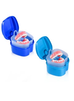 OBTANIM OBTANIM 2 Pack Denture Bath Cup Case Box Holder Storage Soak Container with Strainer Basket for RetainersTravel False Teeth Cleaning (Blue, Green)  - Image 1