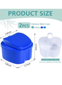 OBTANIM OBTANIM 2 Pack Denture Bath Cup Case Box Holder Storage Soak Container with Strainer Basket for RetainersTravel False Teeth Cleaning (Blue, Green)  - Image 2