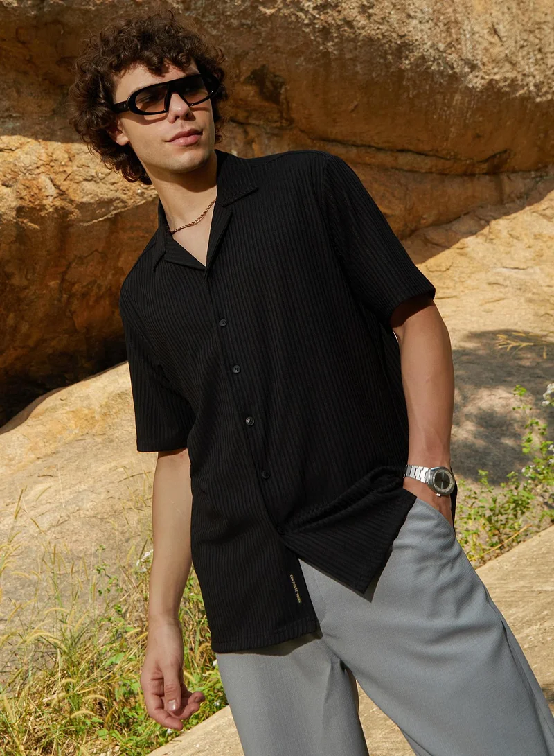 Campus Sutra Men's Onyx Black Ridge-Ribbed Shirt