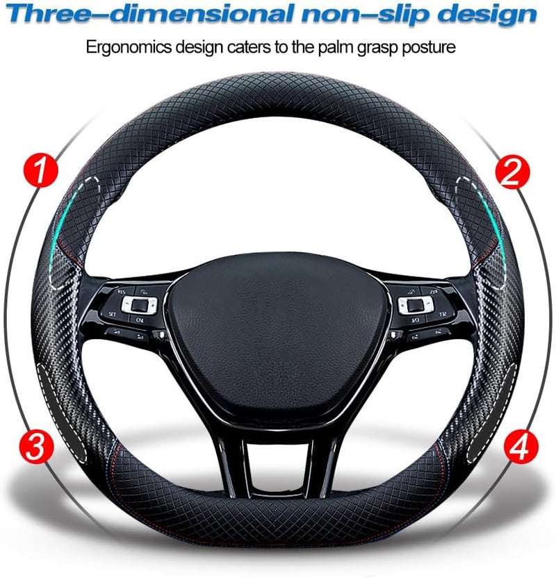 HAOTULE Car Carbon Fiber and Leather D-Shape Steering Wheel Cover, Stylish car Non-Slip Leather car Interior 15 inches Universal Red and Blue - Image 3