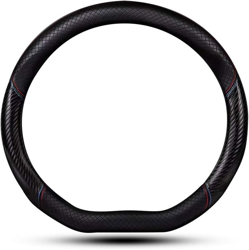 HAOTULE Car Carbon Fiber and Leather D-Shape Steering Wheel Cover, Stylish car Non-Slip Leather car Interior 15 inches Universal Red and Blue - Image 1