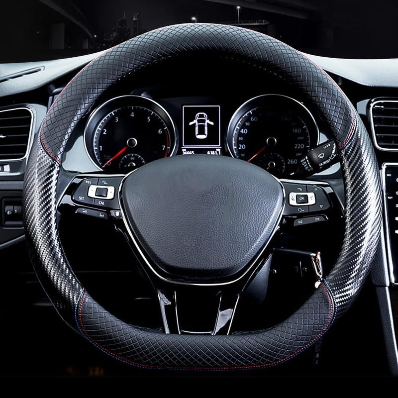 HAOTULE Car Carbon Fiber and Leather D-Shape Steering Wheel Cover, Stylish car Non-Slip Leather car Interior 15 inches Universal Red and Blue - Image 2