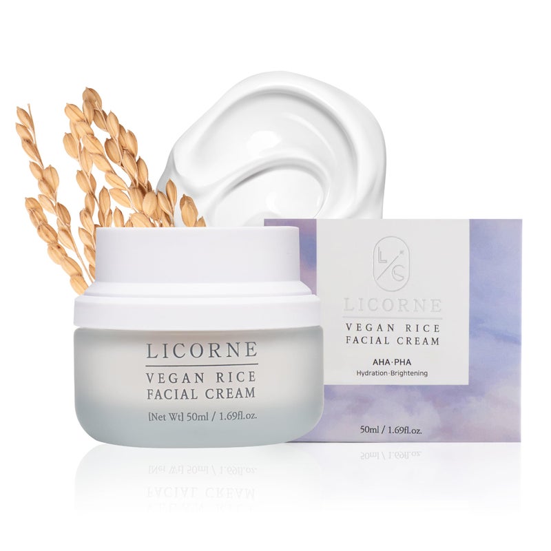 LICORNE Korean Vegan Rice Cream 1.69oz - Hydrating Face Moisturizer with Rice Bran Extract, Ceramide - Lightweight Daily Cream for All Skin Types - Image 1