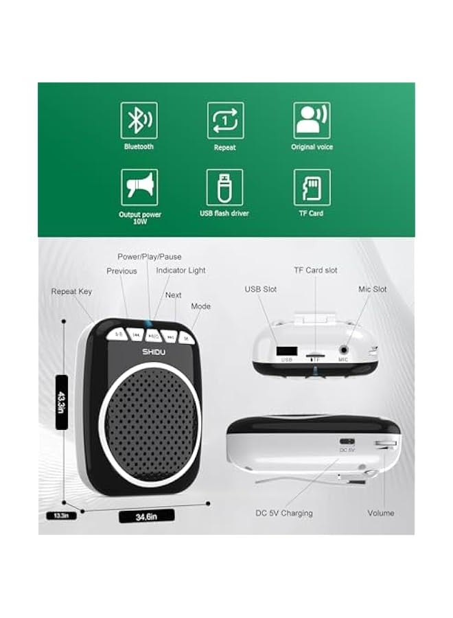 SHIDU Voice Amplifier, Portable Speaker with Microphone Megaphone PA System Support Bluetooth/TF Card and U-Disk Play Music for Teachers, Tour Guides, Training - Image 4