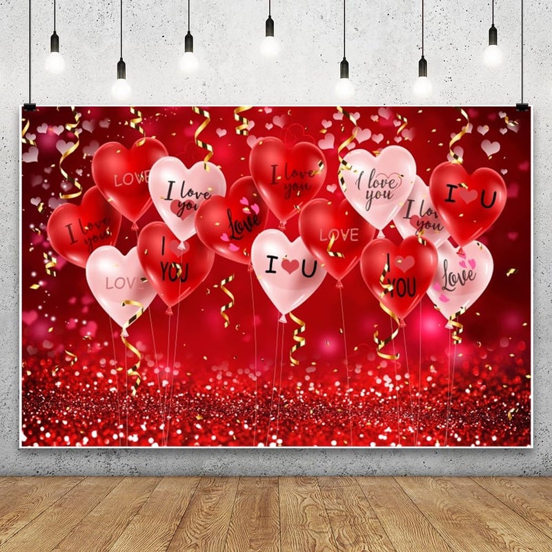 Leowefowa 10x8ft Red Heart Backdrop Red Glitter Love Heart Balloon Background Romantic Valentine's Lover Wedding Engage Bridal Shower Marriage Anniversary Party Banner Decor Photo Supplies Prop - Image 1