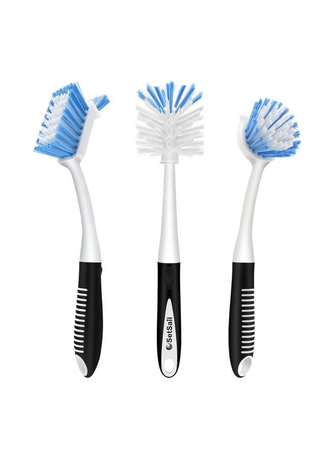SetSail Dish Brush Set of 3 with Bottle Brush, Dish Scrub Brush with Long Handle Deep Cleaning Handle Brush with Scraper Tip for Kitchen Sink Dishes Bottle Cup Pot and Pans Tile Lines, Black Blue - Image 1