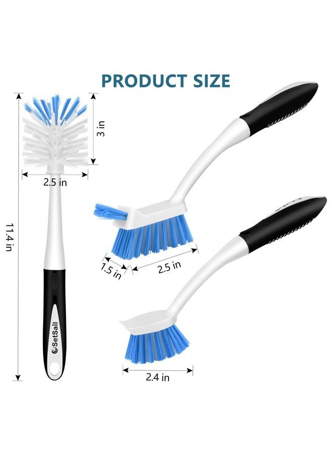 SetSail Dish Brush Set of 3 with Bottle Brush, Dish Scrub Brush with Long Handle Deep Cleaning Handle Brush with Scraper Tip for Kitchen Sink Dishes Bottle Cup Pot and Pans Tile Lines, Black Blue - Image 2