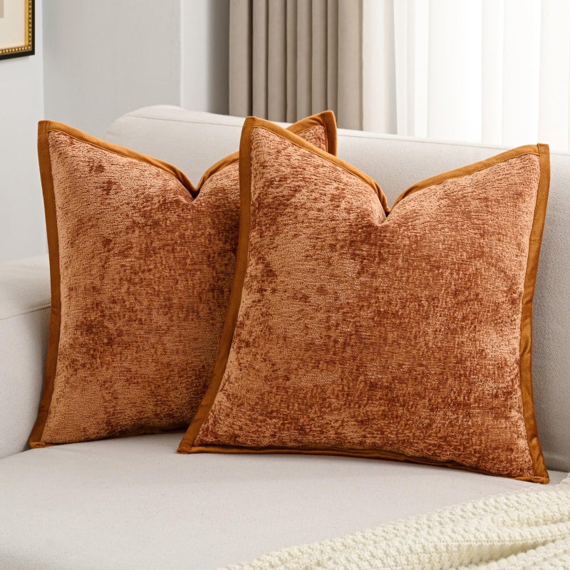 FUTEI Rust Chenille Throw Pillow Covers 18x18 Inch Set of 2Soft Cozy Bound Edge Design Cushion CaseHome Decor for Couch Bed Living Room