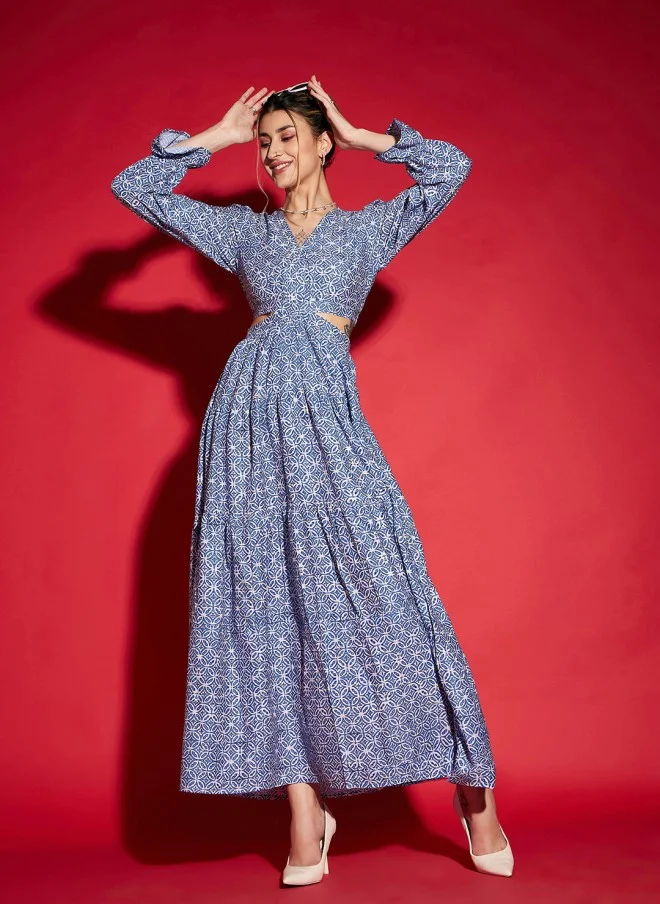 SASSAFRAS Blue Floral Printed Cut-Out Maxi Dress for Women