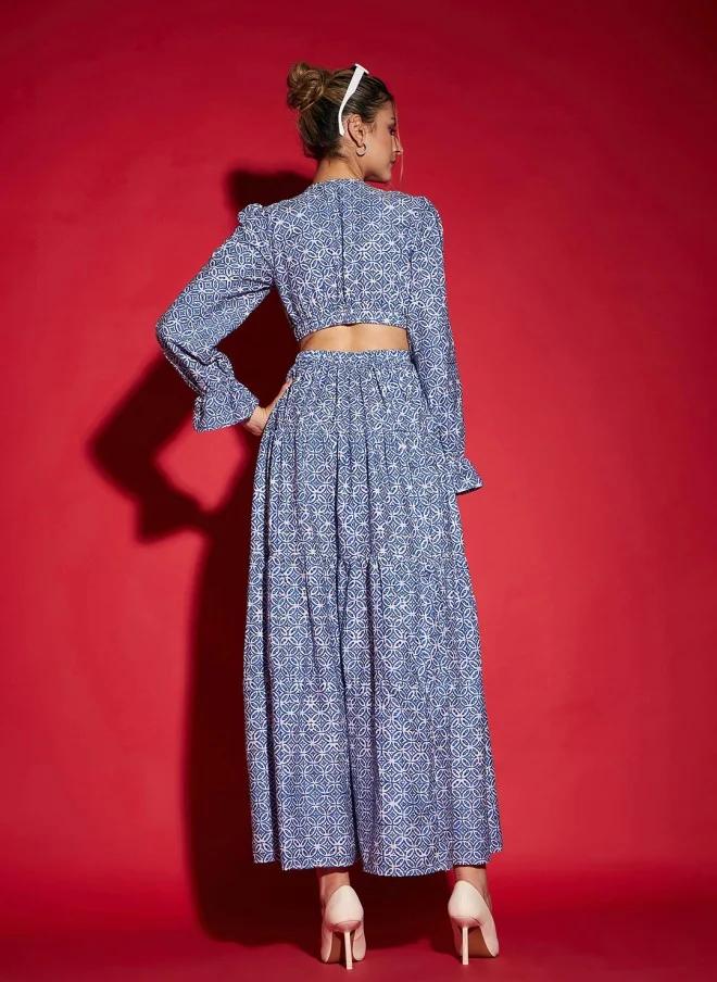 SASSAFRAS Blue Floral Printed Cut-Out Maxi Dress for Women
