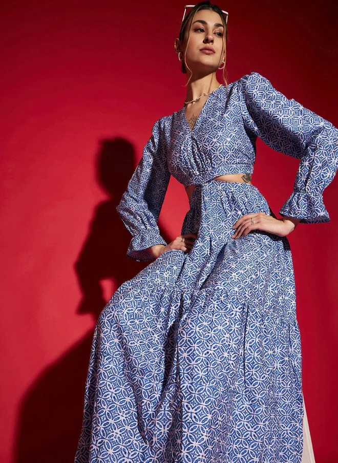 SASSAFRAS Blue Floral Printed Cut-Out Maxi Dress for Women