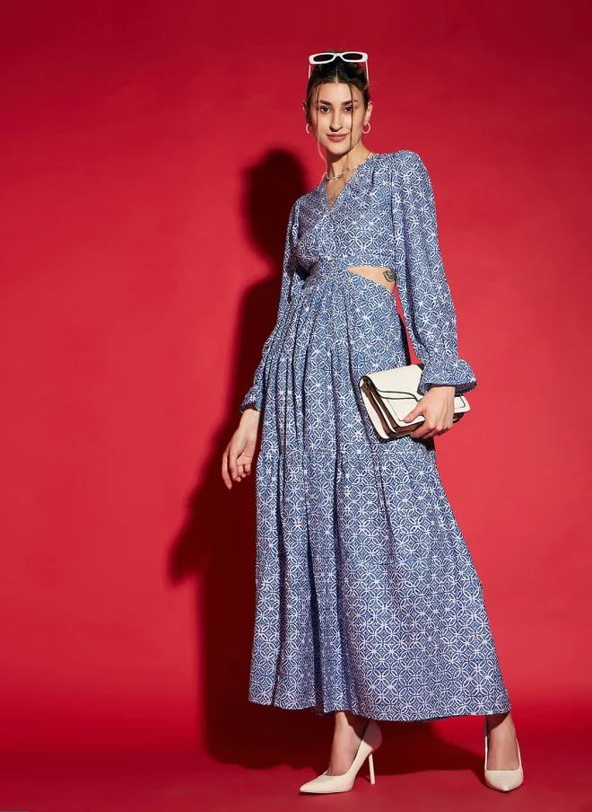 SASSAFRAS Blue Floral Printed Cut-Out Maxi Dress for Women