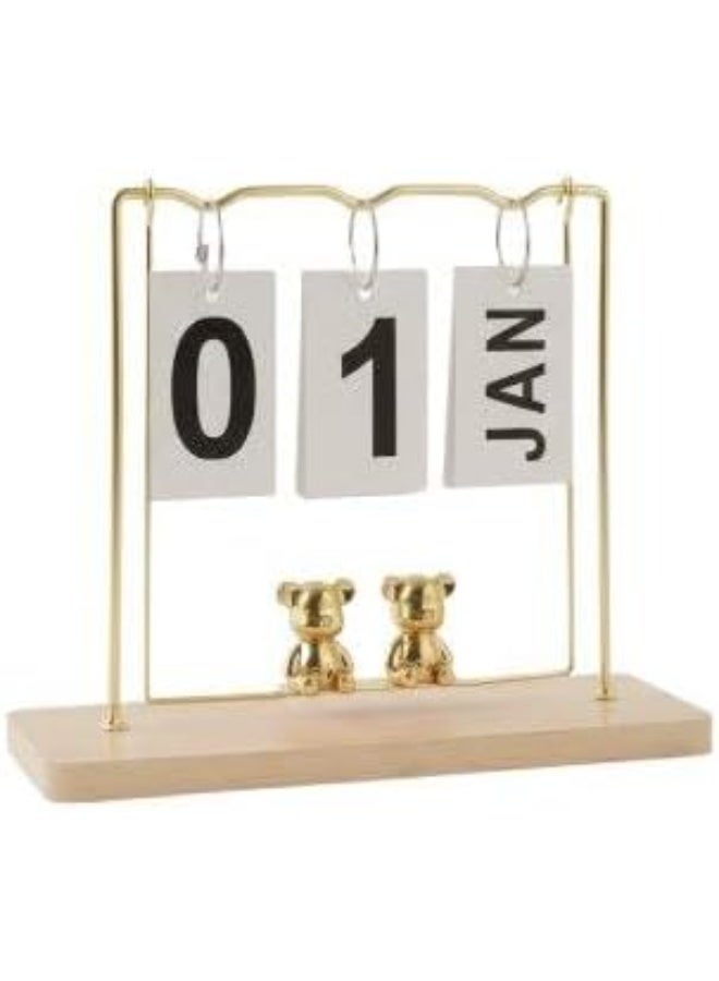 Desk calendar with teddy bear swing design, finished in gold. A charming and practical stationery accessory suitable for both office and home use. - Image 3