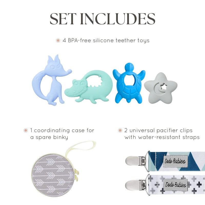 Dodo Babies Baby Shower Gifts - Teething Toy & Pacifier Clip Set - 6-Piece Multicolor Silicone - Pacifier Clip, Baby Teether & Binky Holder - Universal Leash & Water-Resistant Case - Image 3