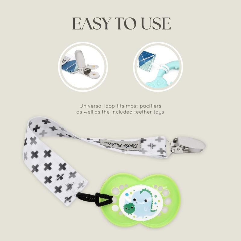 Dodo Babies Baby Shower Gifts - Teething Toy & Pacifier Clip Set - 6-Piece Multicolor Silicone - Pacifier Clip, Baby Teether & Binky Holder - Universal Leash & Water-Resistant Case - Image 4