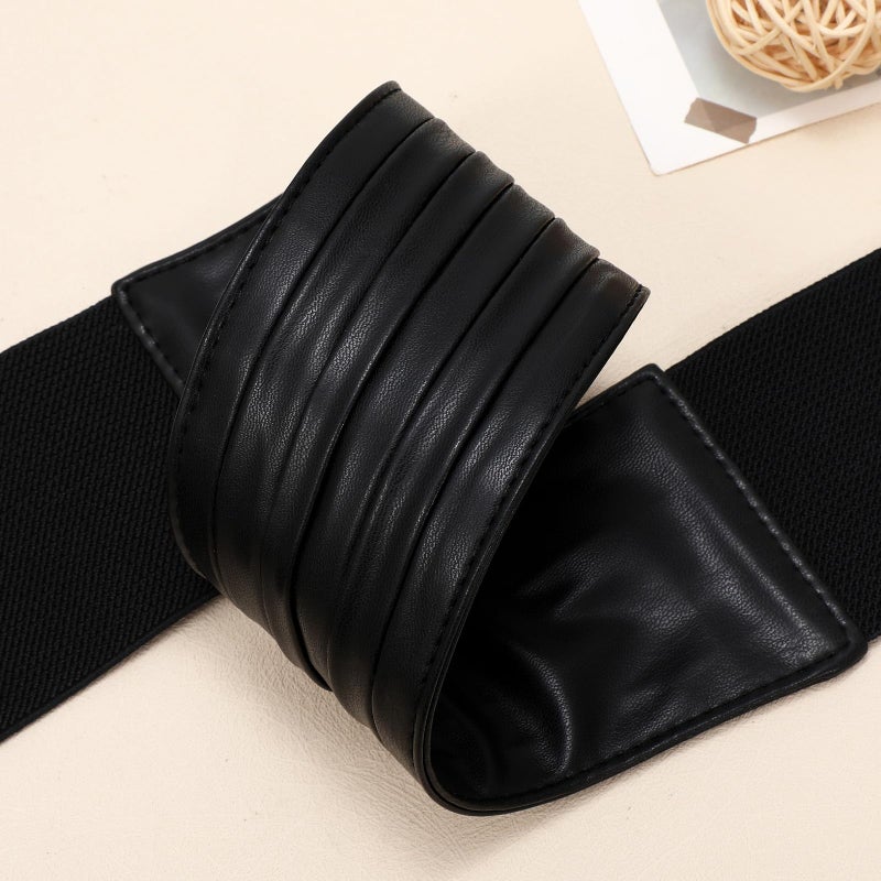 SANSTHS Women Wide Elastic Belts for Dresses Vintage Fashion Stretchy Waist Belts Ladies Cinch Belts Leather Waistband,Black,M - Image 4