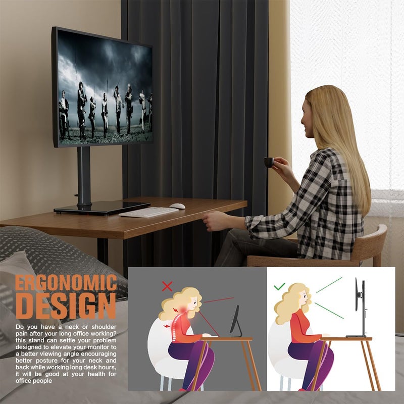 Hemudu Single Monitor Stand Freestanding 27-43 Inch Monitor Arm Curved Screen Monitor Mount Tempered Glass Base Adjustable Motion Tilt -15Â° to 10Â° Swivel Â±45Â° Rotation 360Â° Weight Capacity 77lbs HT05B-003 - Image 5